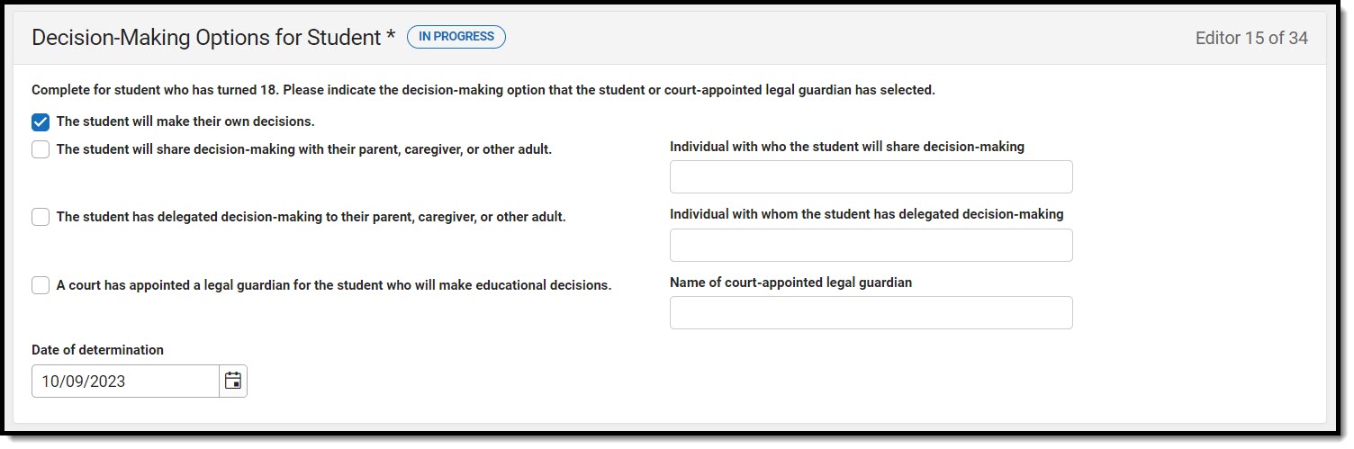 Screenshot of the Decision-Making Options for Student Editor.