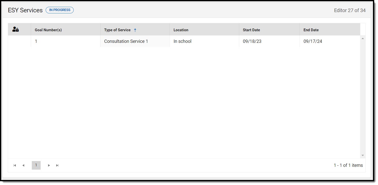 Screenshot of the ESY Services List Screen.