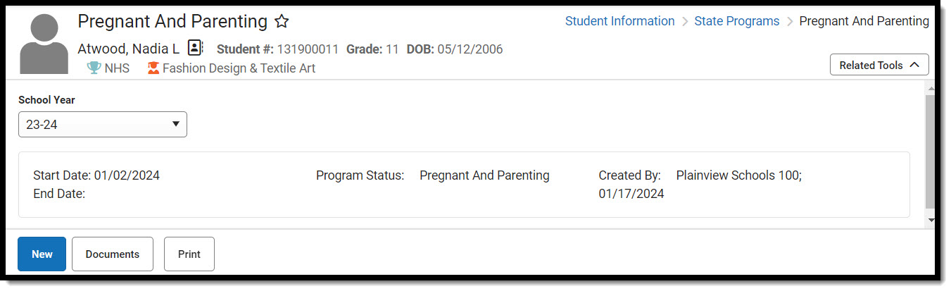 Screenshot of the Pregnang and Parenting editor, located at Student Information, State Programs