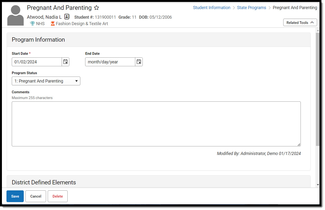 Screenshot of expanded Pregnant and Parenting record showing entry details.
