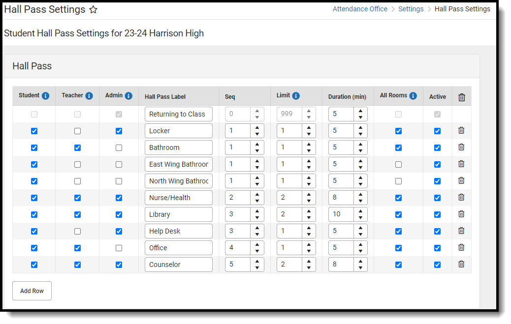 Screenshot of hall pass settings