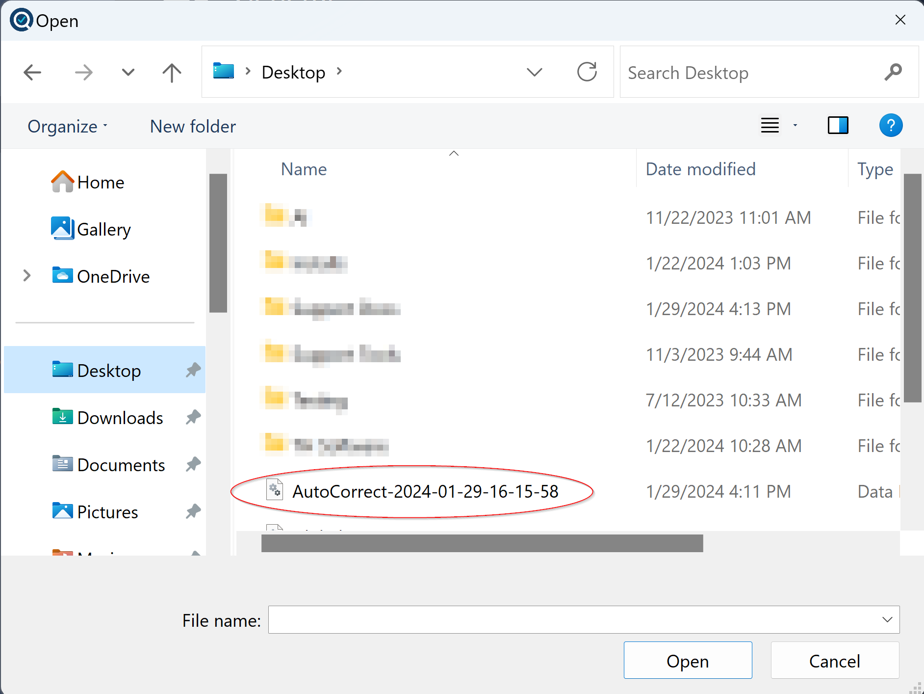 The file select window with an example backup file labelled and the 'Open' button labelled