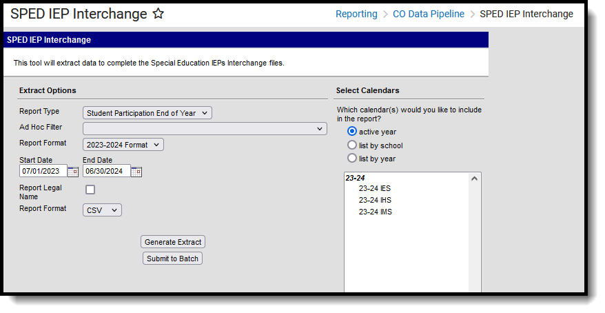 Screenshot of the Student Participation End of Year editor, located at Reporting, CO Data Pipeline, SPED IEP Interchange