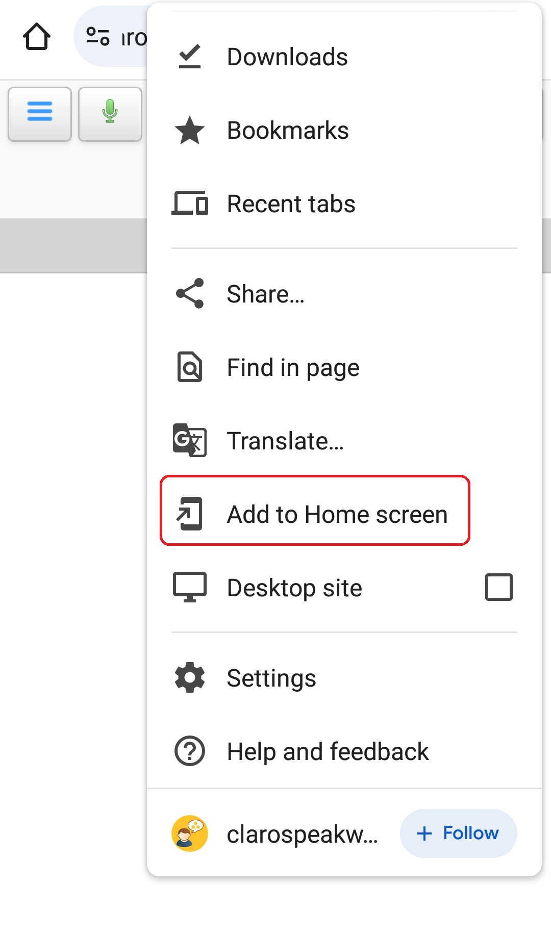Android mobile browser options menu with Add to desktop highlighted