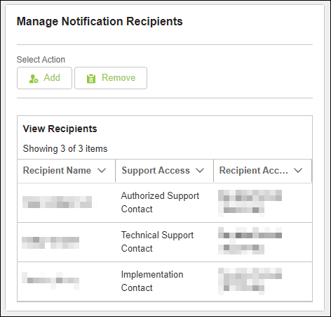 Screenshot of the Manage Notification Recipients tool for Support Contacts..