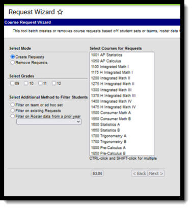 Screenshot of the Course Request Wizard tool.