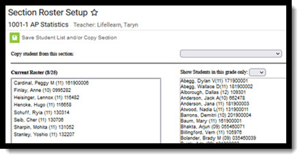 Screenshot of Section Roster Setup tool.