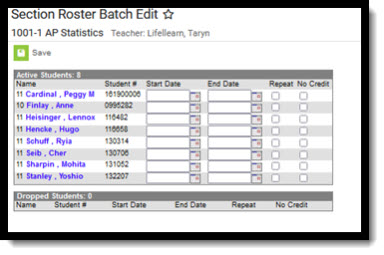 Screenshot of Section Roster Batch Edit tool.