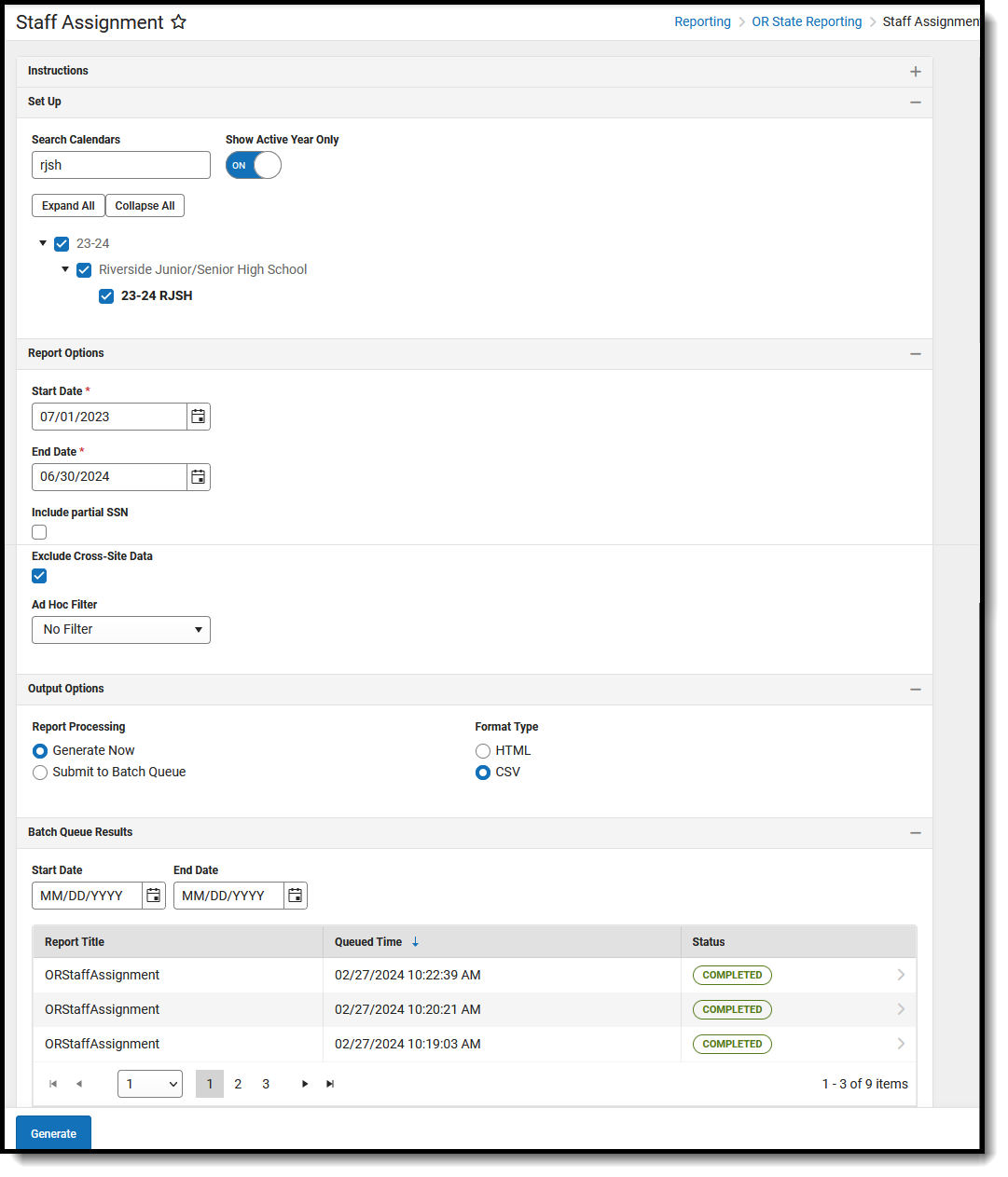 Screenshot of the Staff Assignment Report, located at Reporting, OR State Reporting. 