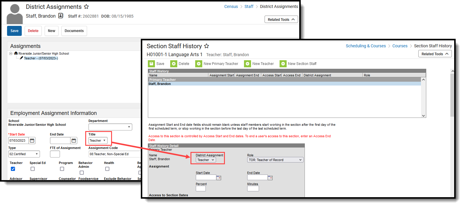 Screenshot of the Title field on the District Assignment record linking to the District Assignment field on the Section Staff History record. 