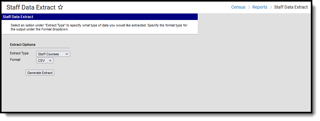 Screenshot of the Staff Courses Extract, located at Census, Reports, Staff Data Extract