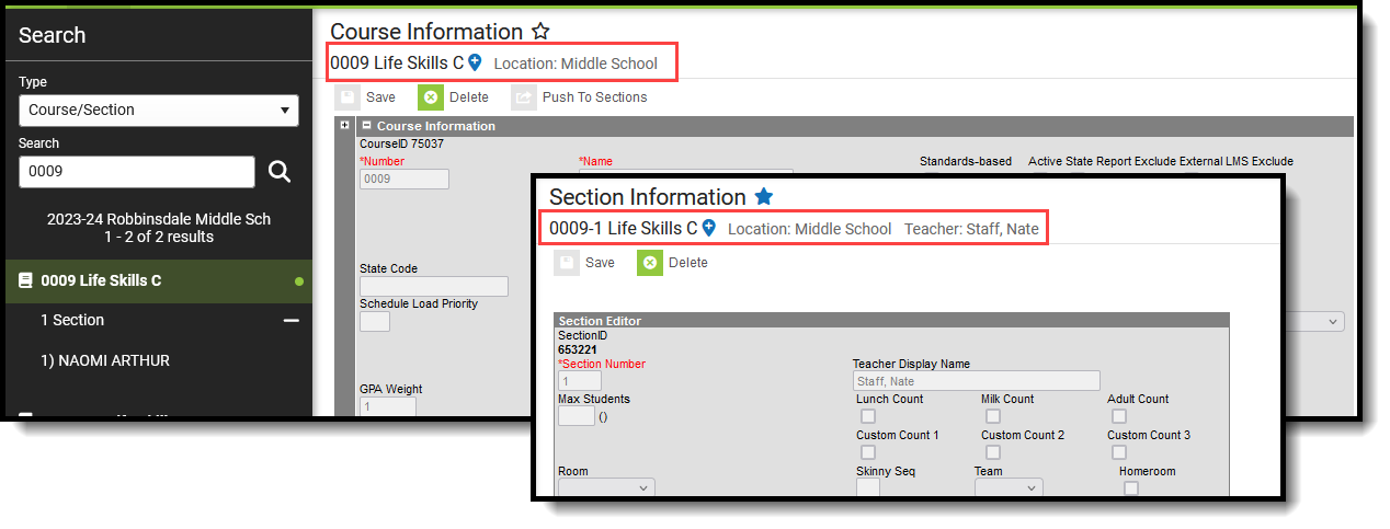 Screenshot of the Cross-Site Course and Section at the Home School showing the Cross-Site Indicator