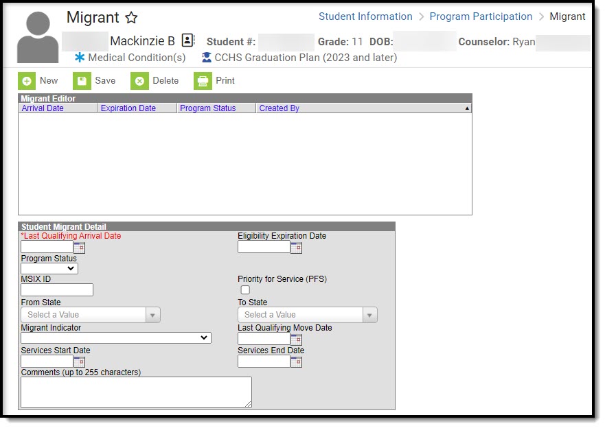 Screenshot of the Migrant program tool with the detail fields displayed after the list of records.