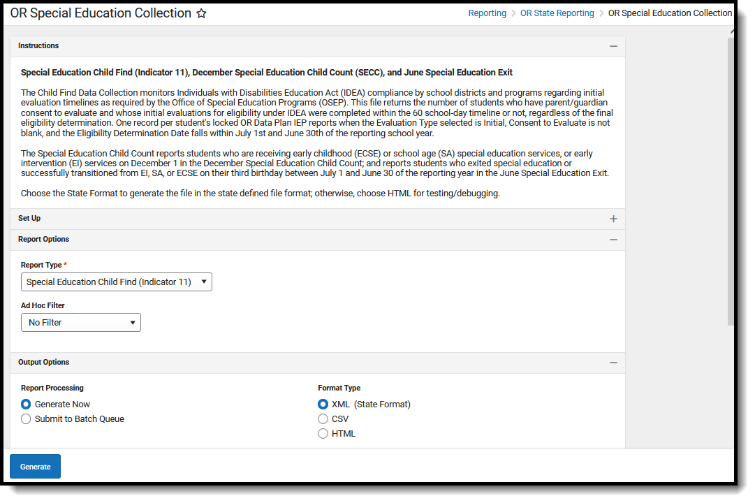 Screenshot of the Special Education Child Find report, located at Reporting, OR State Reporting, OR Special Education Collection