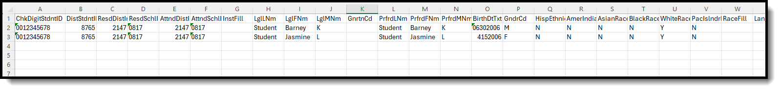 Screenshot of the CSV Format of the Special Education Child Find Report. 