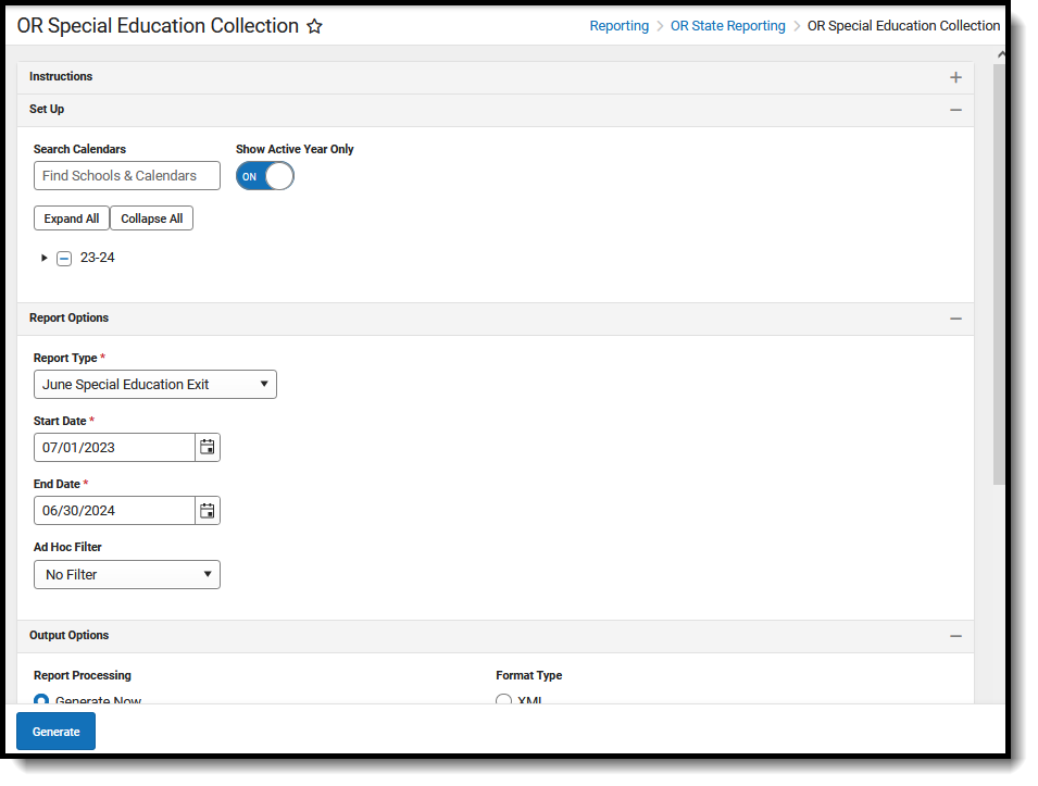 Screenshot of the June Special Education Exit Report, located at Reporting, OR State Reporting, OR Special Education Collection. 