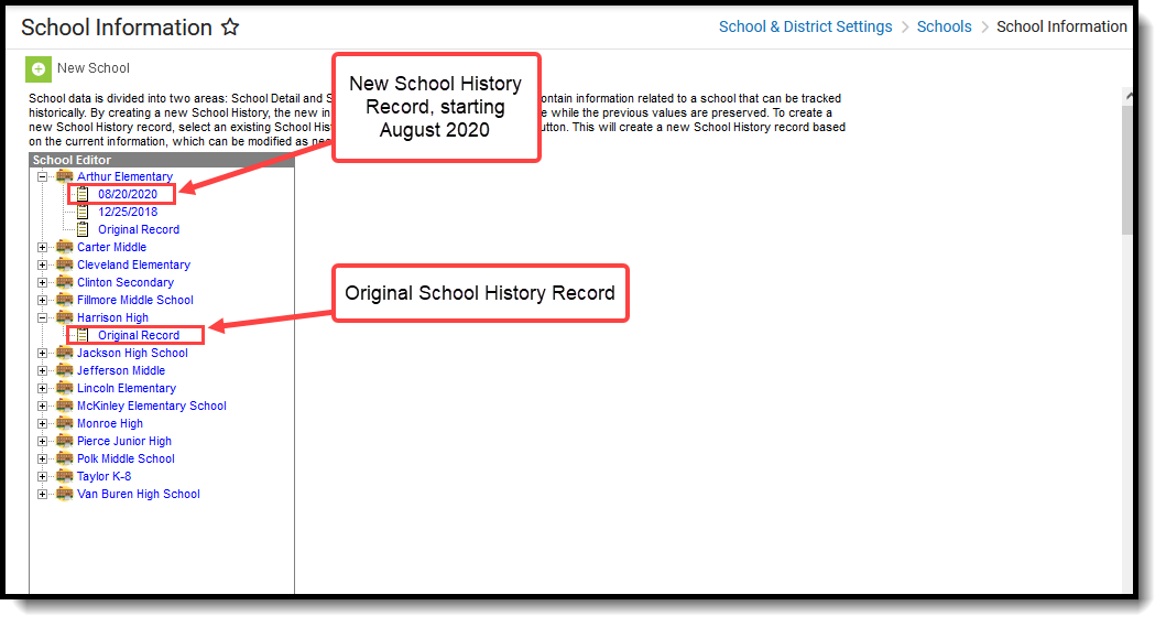 Screenshot of the School Information editor, located at School & District Settings, Schools. 