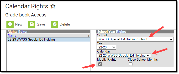 screenshot showing specific school and calendar rights