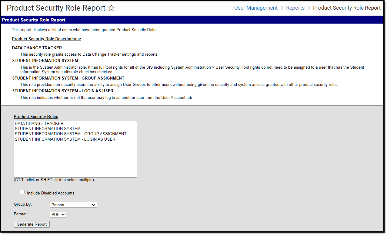 screenshot of the product security role report