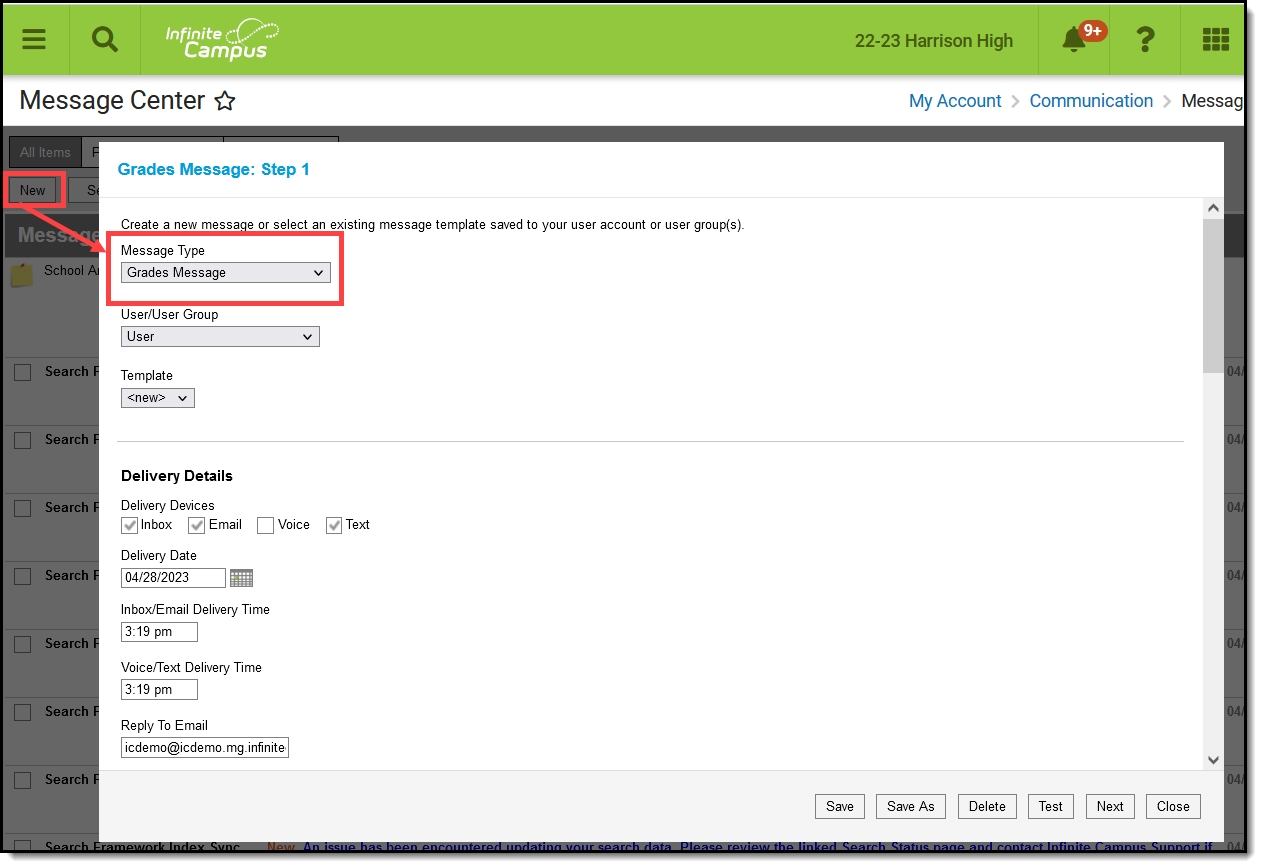 Screenshot highlighting the New button in the Message Center, with a new message open and Grades Message selected in the Message Type dropdown list.