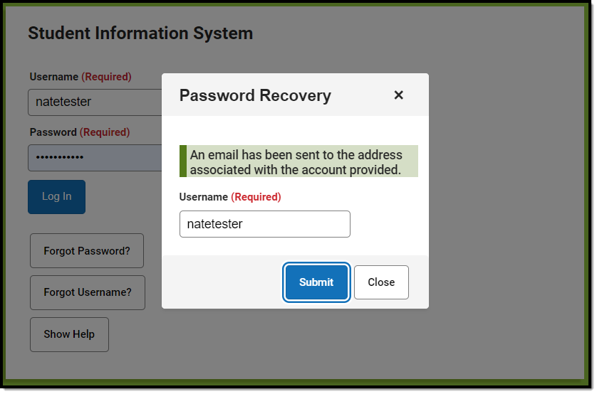 screenshot of the password recovery screen