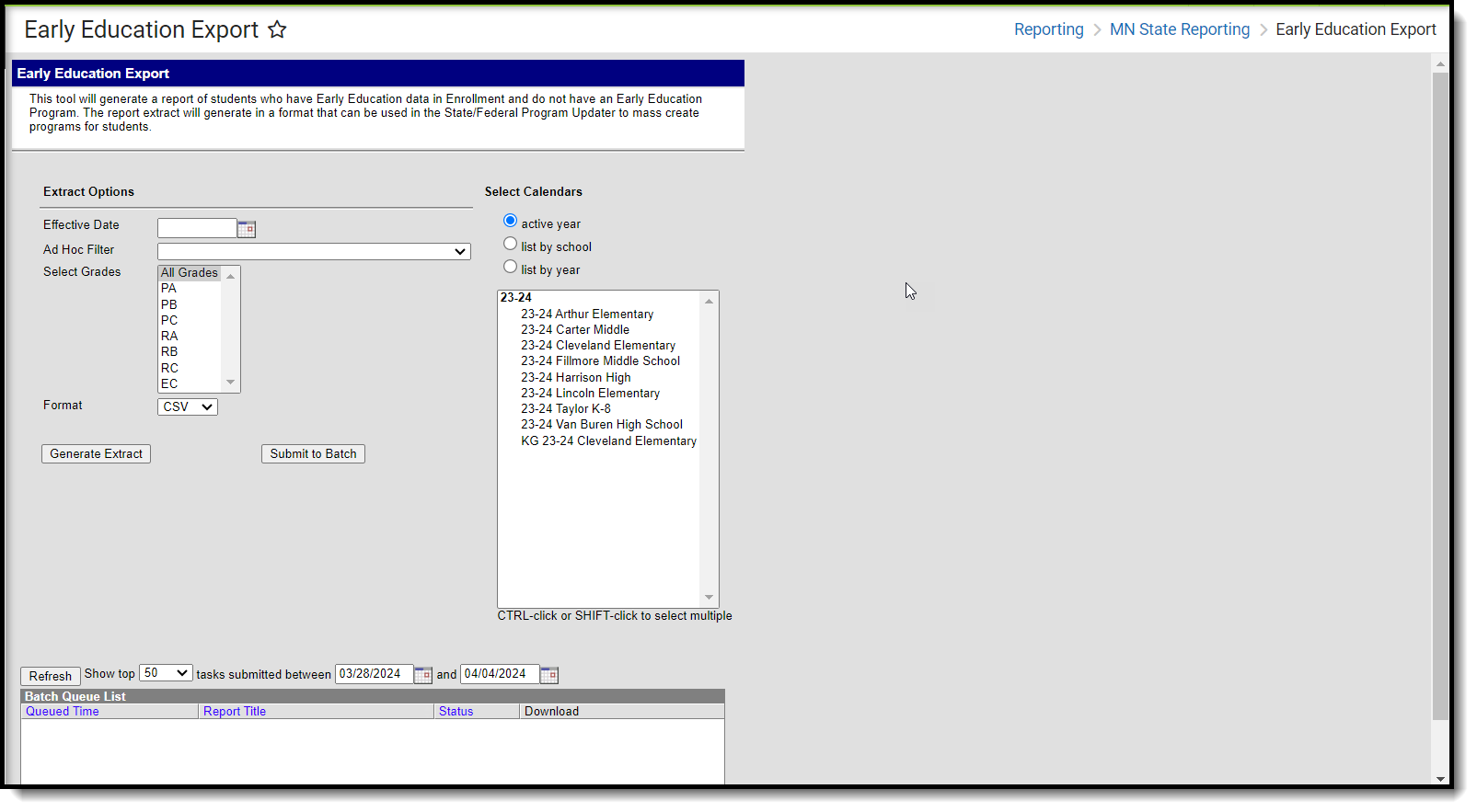 Screenshot of the Early Education Export editor.