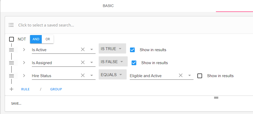 is active = is true, is assigned= is false, hire status = eligible and active