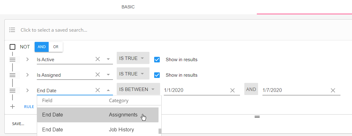 is active = is true, is assigned = is true, end date (assignment) is between dates