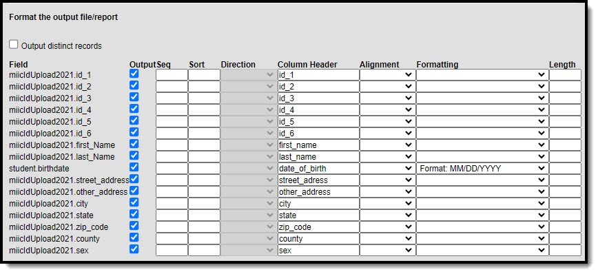 Screenshot of the ad hoc output screen with the rename column headers and the formatting selected for the student's birthdate.