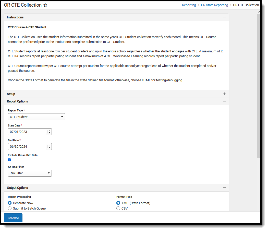 Screenshot of the CTE Student File, located at Reporting, OR State Reporting, OR CTE Collection