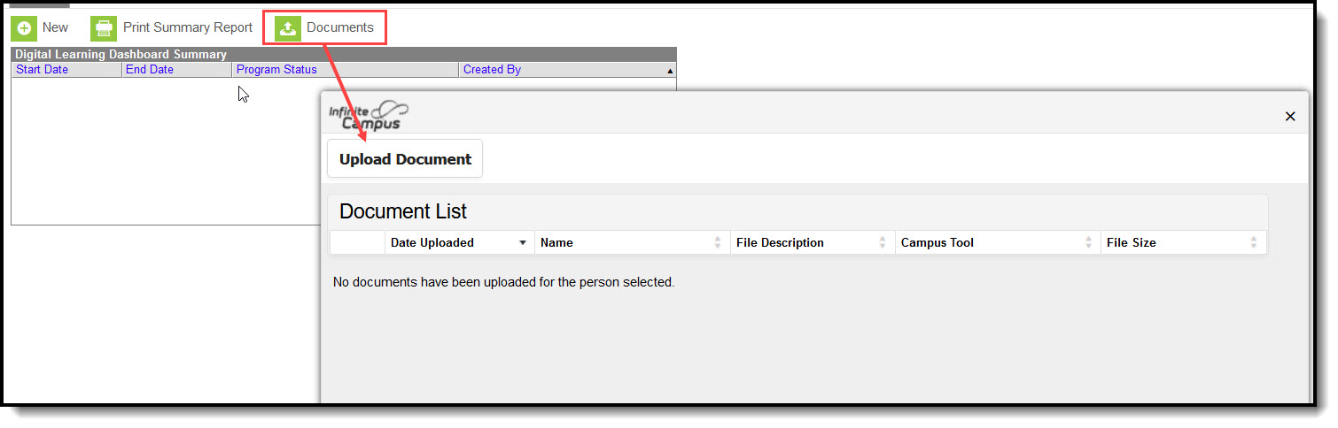 Screenshot of uploading a document to the Digital Learning Dashboard.