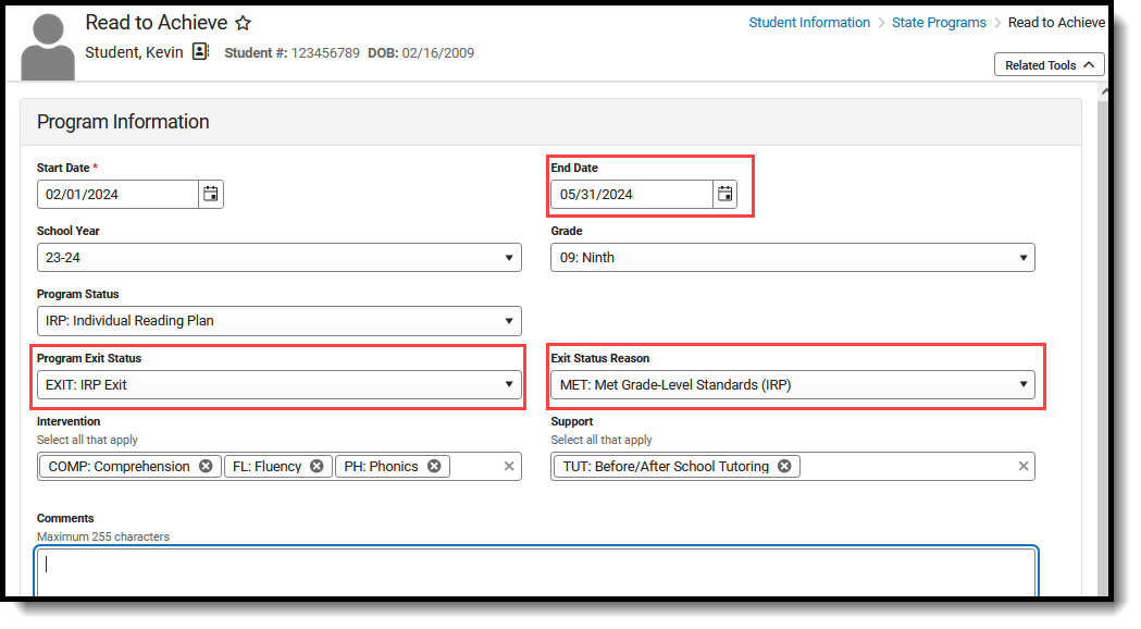 Screenshot of the Read to Achieve editor, highlighting the End Date, Program Exit Status and Exit Status Reason fields. 