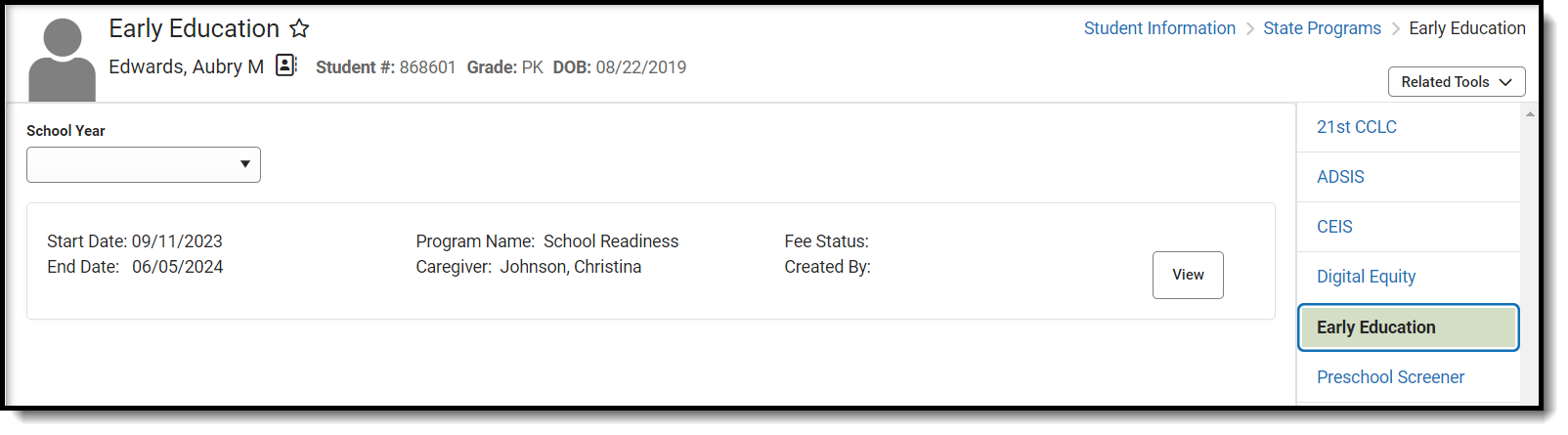 Screenshot of an Early Education saved record.
