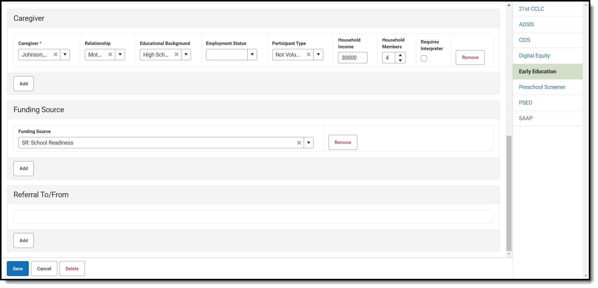 Screenshot of Early Education - Caregiver, Funding Source and Referral section.