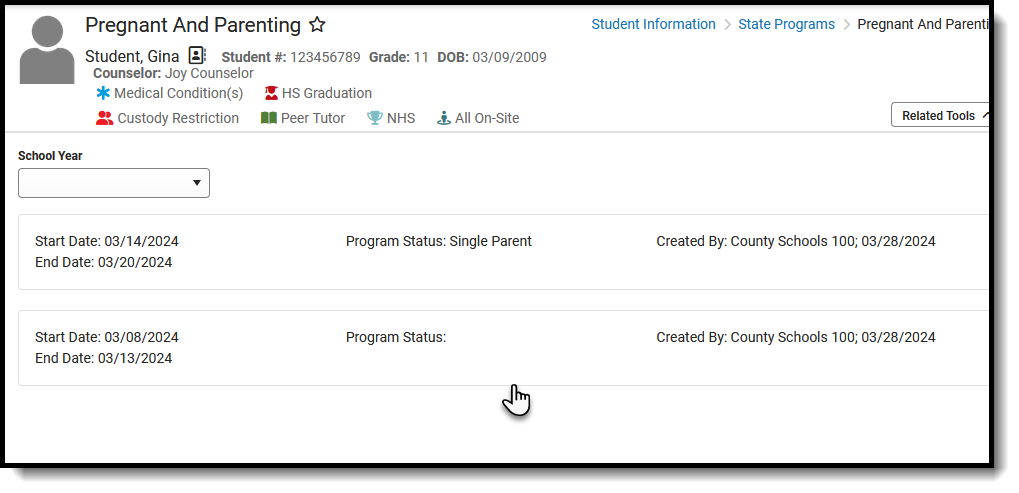 Screenshot of the main Pregnant and Parenting tool, showing how to select an existing record for modification. 