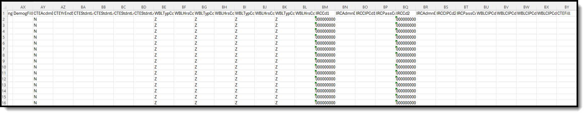 Screenshot of the CTE Student File in CSV Format, starting with the CTE specific fields. 