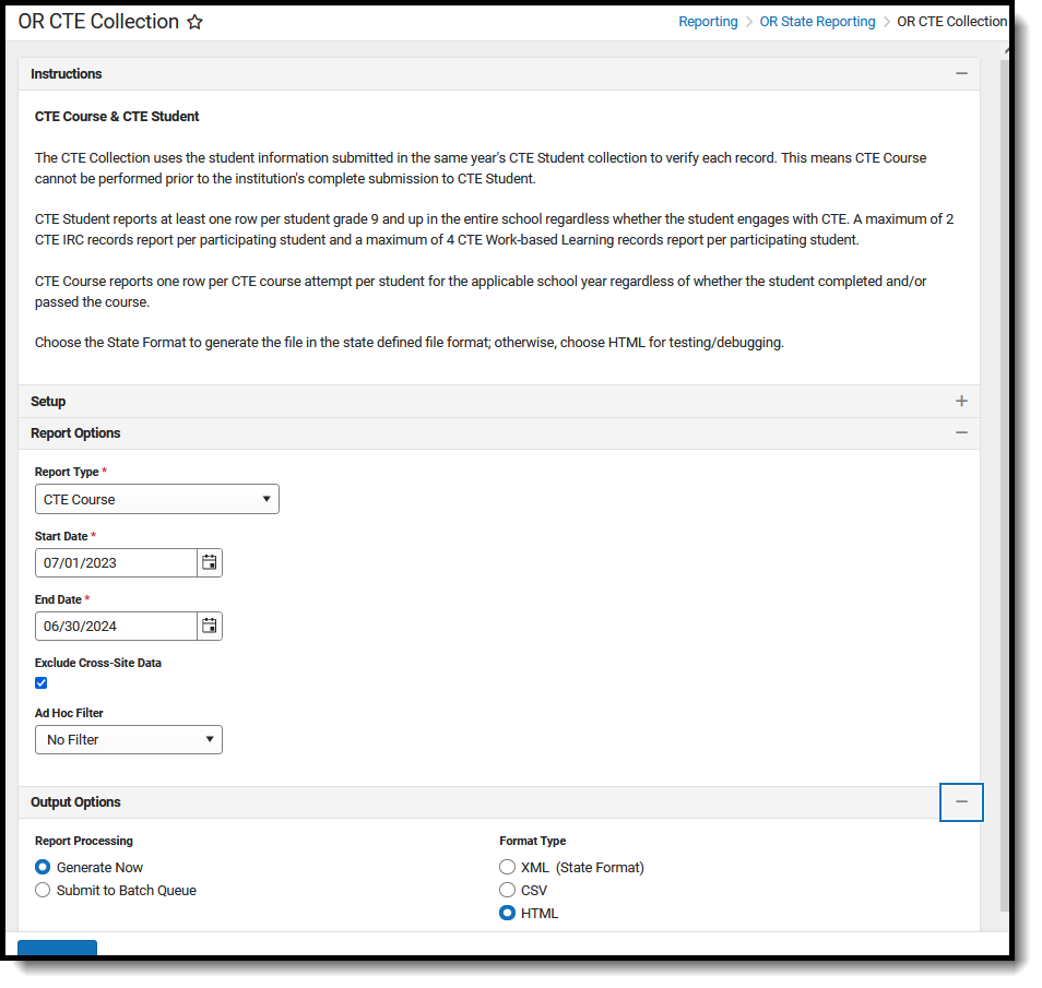 Screenshot of the CTE Course File, located at Reporting, OR State Reporting, OR CTE Collection. 