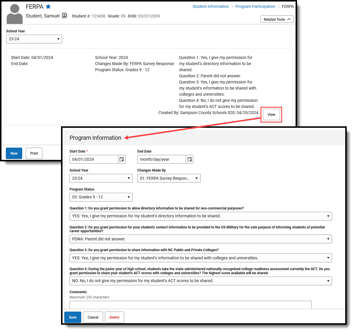 Screenshot of the FERPA Program Record, located at Student Information, Program Participation