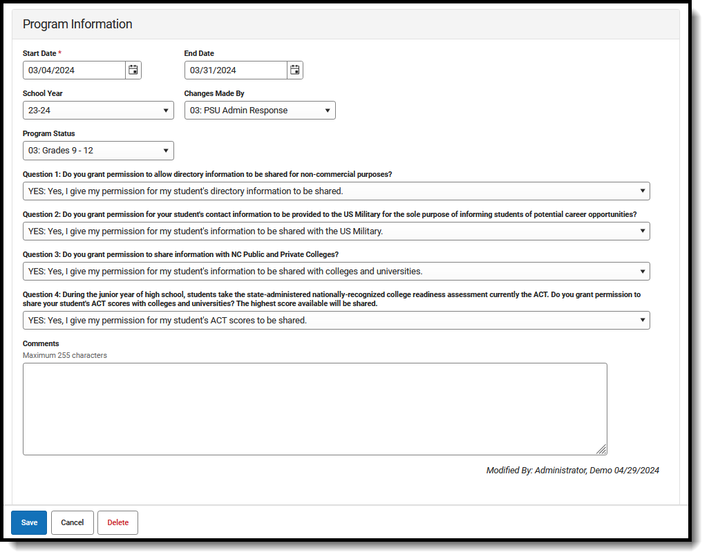 Screenshot of the FERPA Program Detail editor, visible after clicking VIew on the Program Editor. 