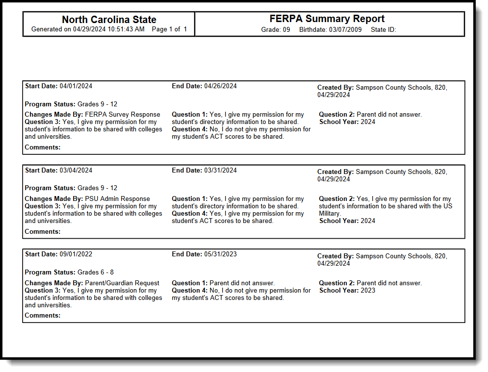 Screenshot of the FERPA Print Summary 