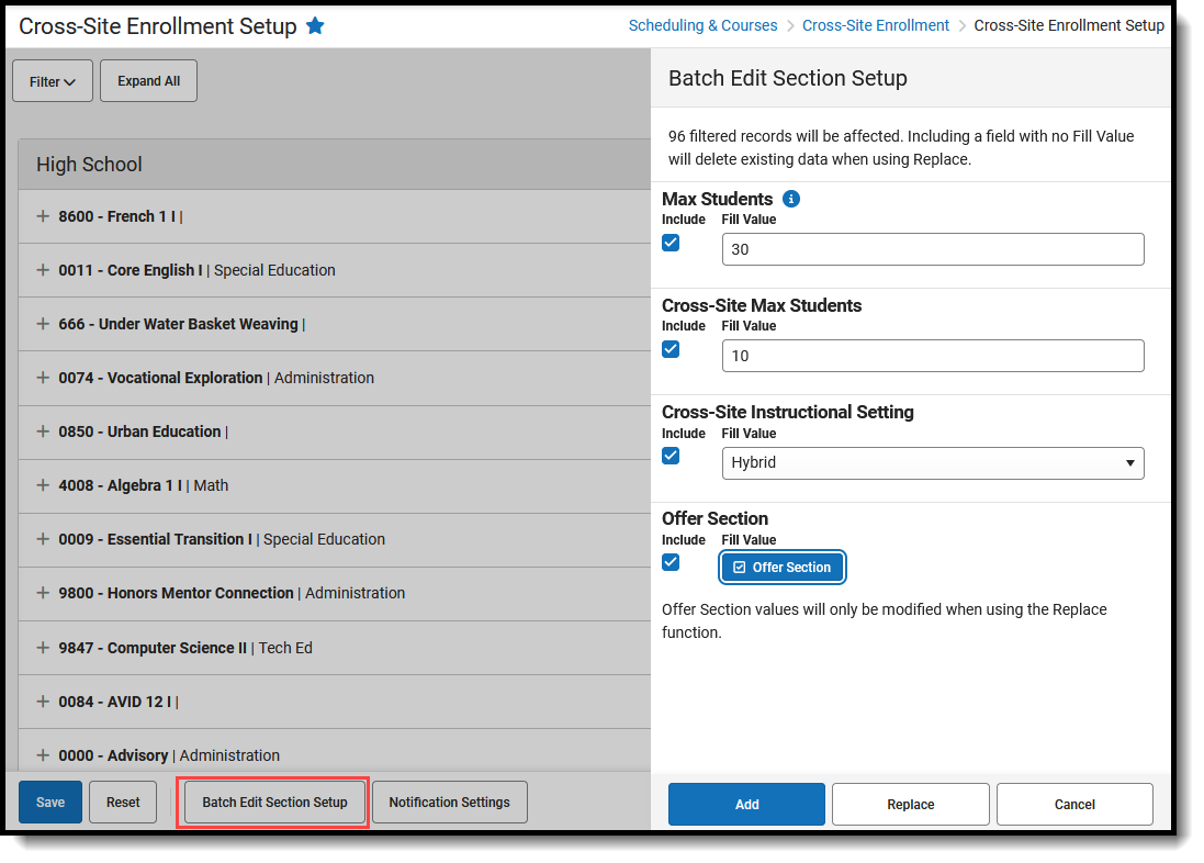 Screenshot of the Batch Edit Section Setup panel. 