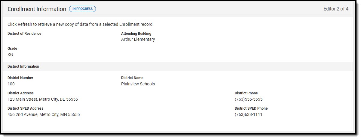 Screenshot of the Enrollment Information editor.