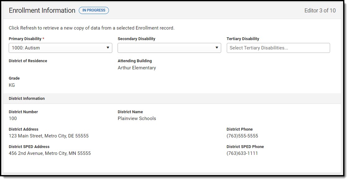 Screenshot of the Enrollment Information editor with Autism selected as the Primary Disability.