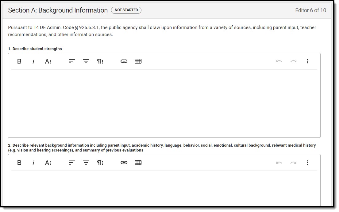 Screenshot of the Section A: Background Information Editor.