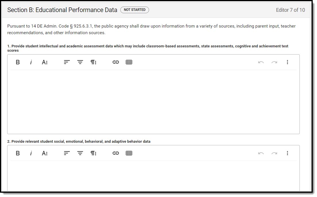 Screenshot of the Section B: Educational Performance Data Editor.