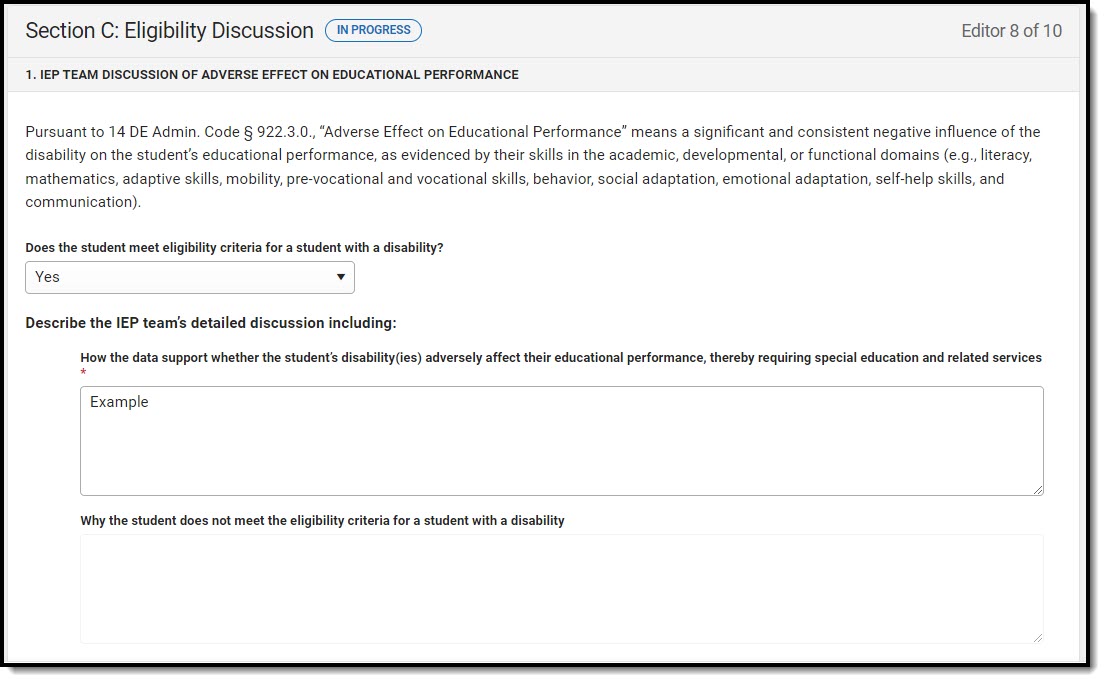 Screenshot of the Section C: Eligibility Discussion Editor.