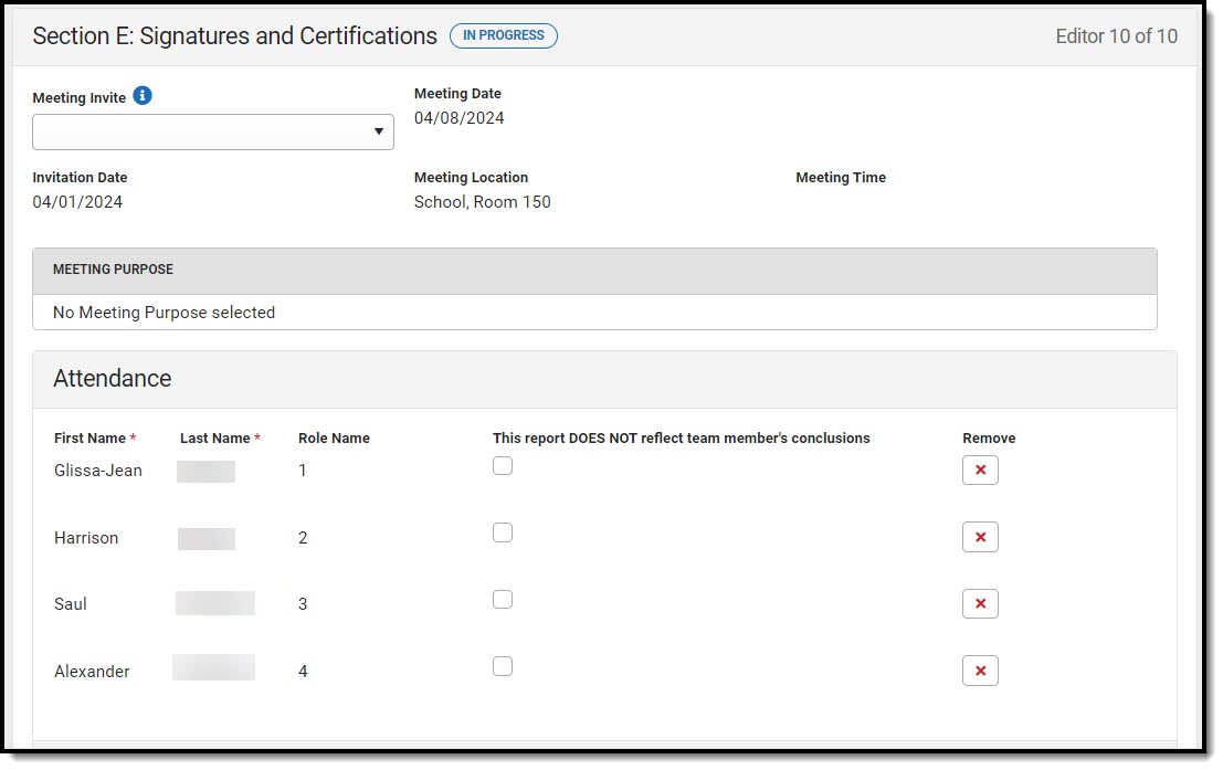 Screenshot of the Section E: Signatures and Certifications Editor.