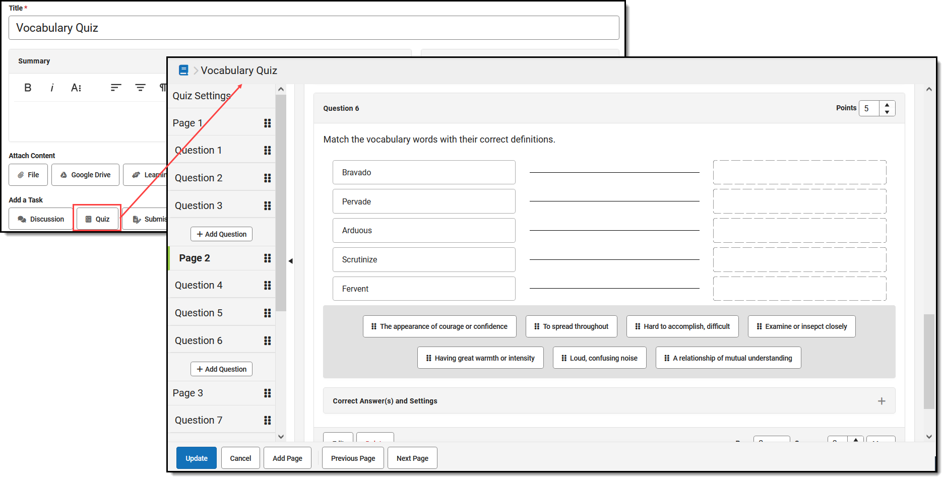 Screenshot highlighting the Quiz button in the Add a Task section of an assignment and showing an example quiz. 