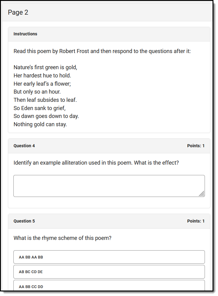 Screenshot of an example of a page of a quiz, with content to read at the top and questions about it below. 