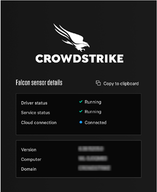 an information panel that displays connection information about crowdstrike falcon